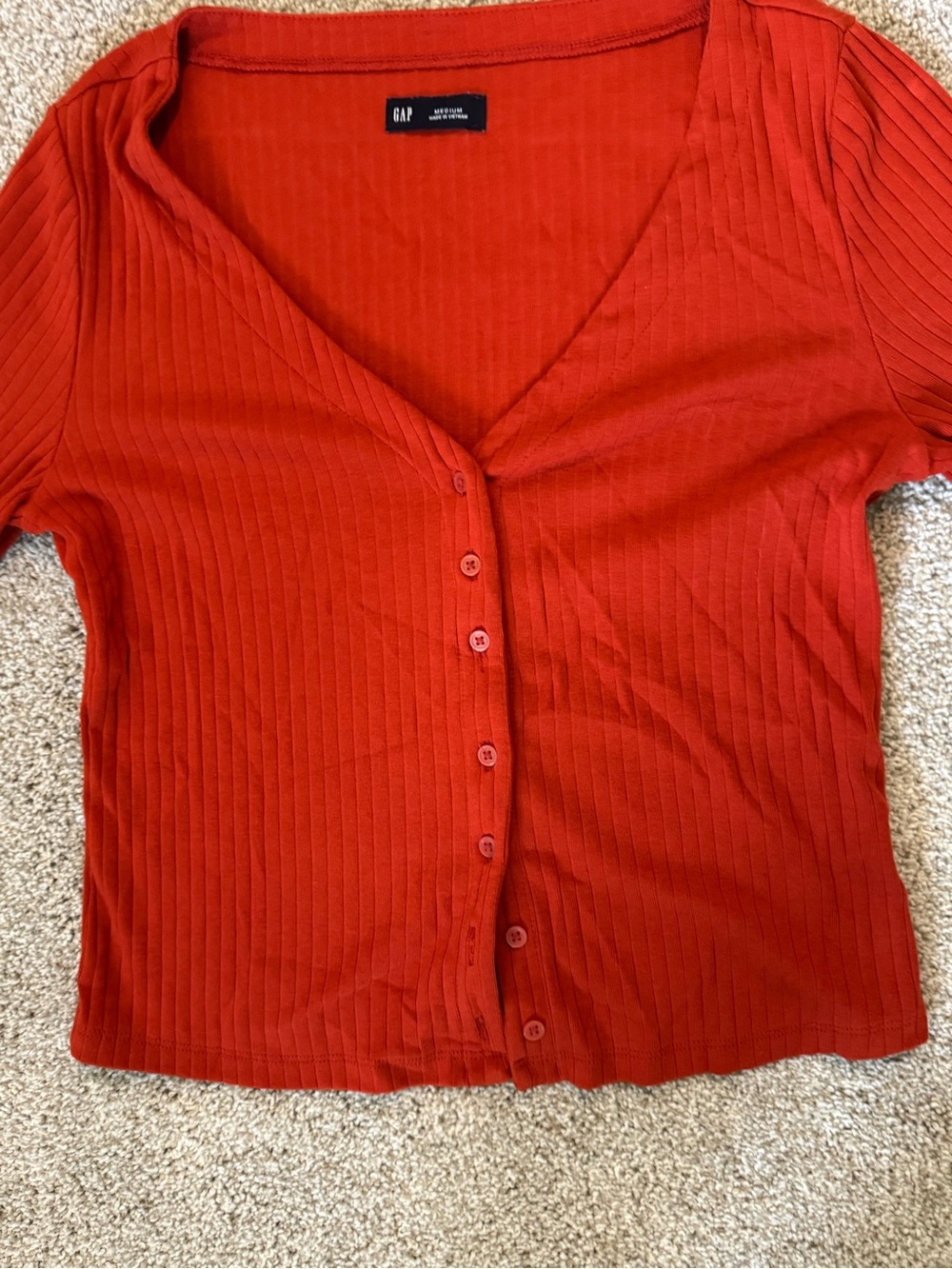 GAP Rust Red Ribbed Button-Front V-Neck Long Sleeve Top - Picture 4 of 4